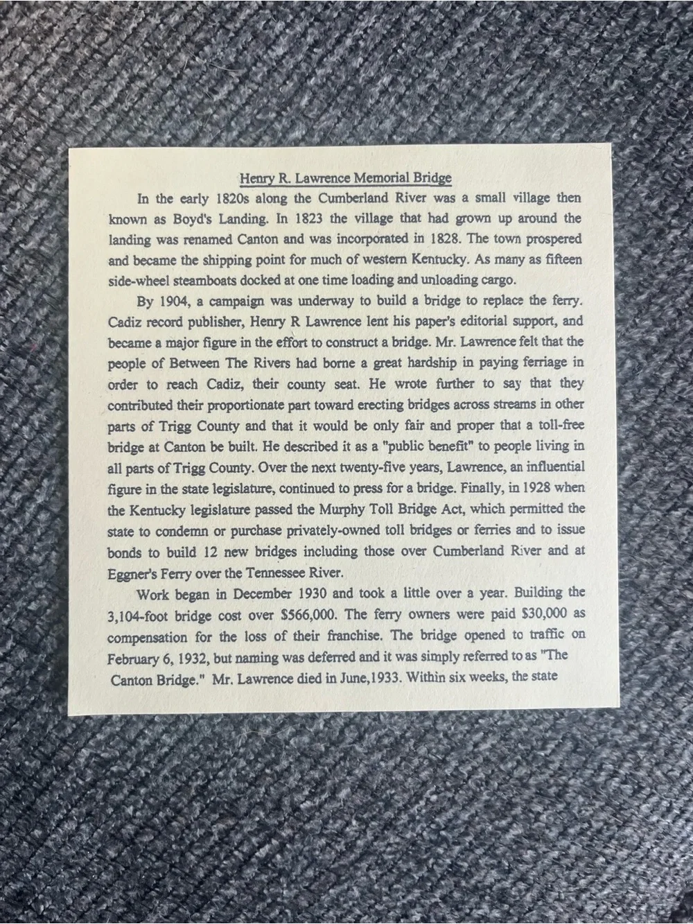 The Henry R Lawerance Memorial Bridge ornament 1932 and 2018